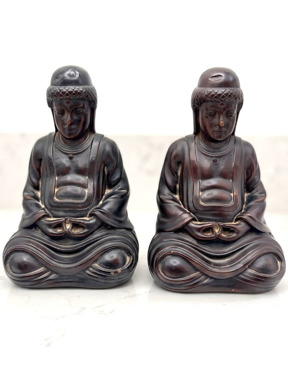 Vintage Czechoslovakia Carved Wood Buddha Statues Pair Meditation 8.25"